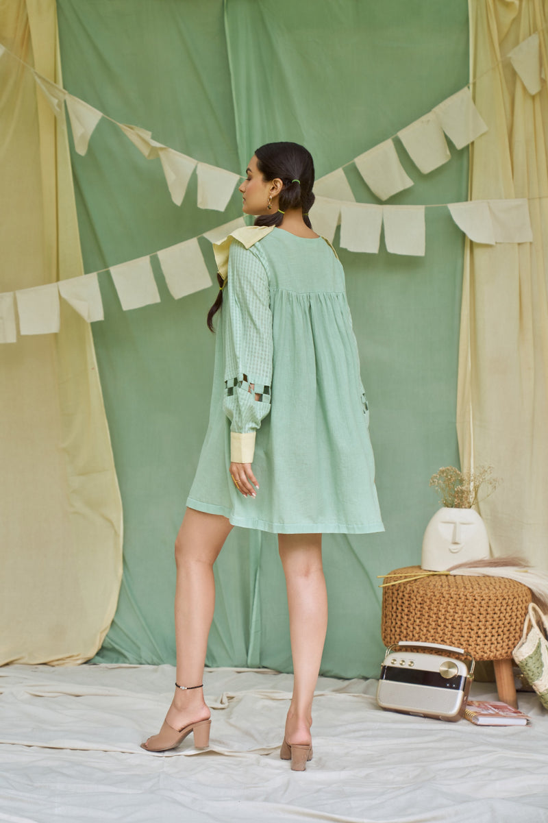 The Conscious Closet Pesto Mint Detachable Dress Handloom Cotton