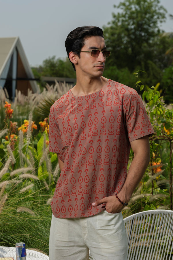 Vasudhaa Vastrram Tripundra - Men's Organic Block Printed Linen and Bamboo Pink Half Sleeve Tunic