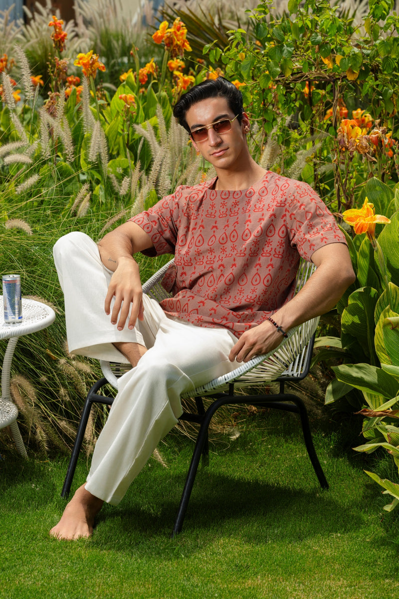 Vasudhaa Vastrram Tripundra - Men's Organic Block Printed Linen and Bamboo Pink Half Sleeve Tunic