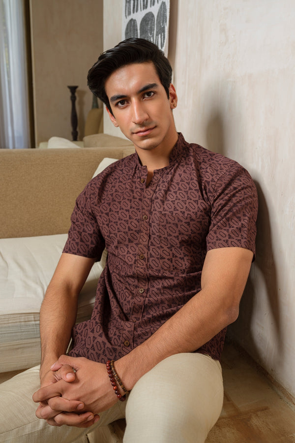 Vasudhaa Vastrram Tusht - Men's Russett Organic Block Printed Linen and Bamboo Brown Half Sleeve Shirt