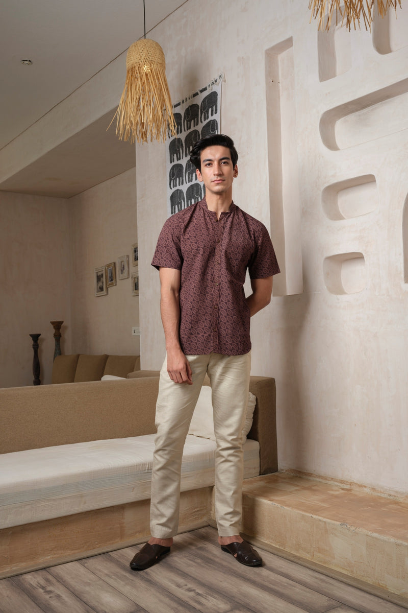 Vasudhaa Vastrram Tusht - Men's Russett Organic Block Printed Linen and Bamboo Brown Half Sleeve Shirt