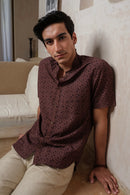 Vasudhaa Vastrram Tusht - men's russett organic block prined linen and bamboo half sleeve shirt