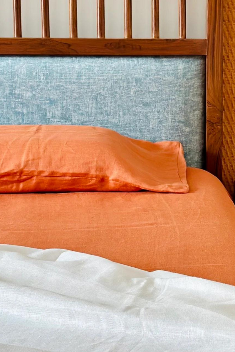 Rust Orange Hemp Bedsheet Set | Herringbone Weave - Sawera