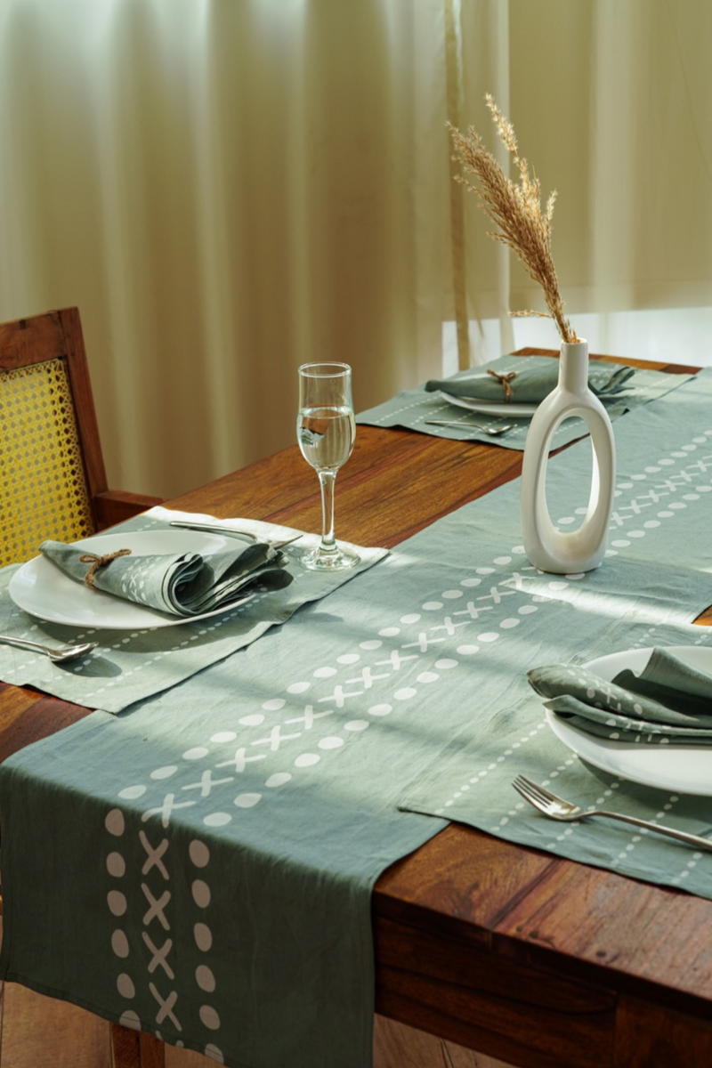 Mint Green Table Runner - Meethu | Block Printed | Pure Hemp