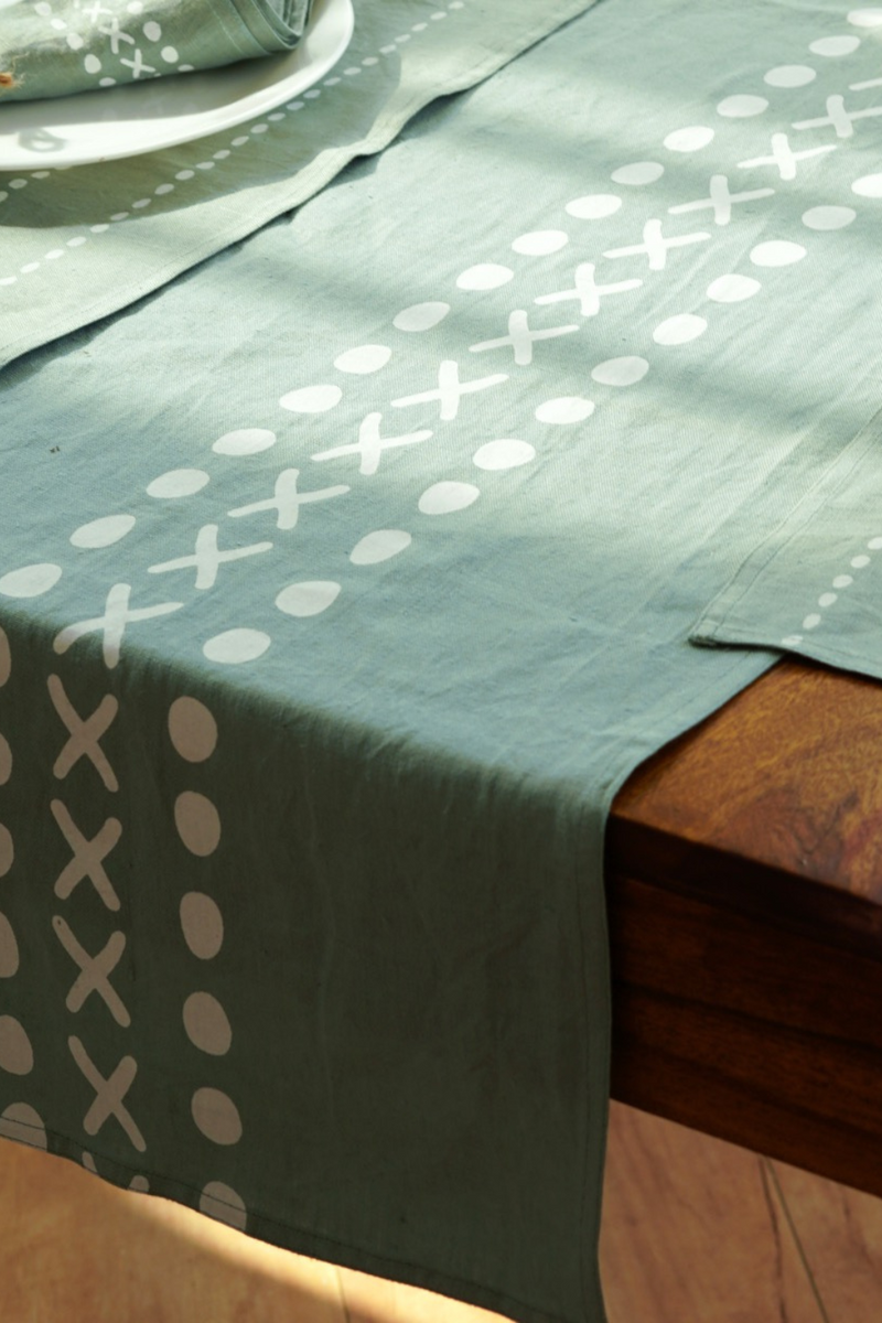 Mint Green Table Runner - Meethu | Block Printed | Pure Hemp