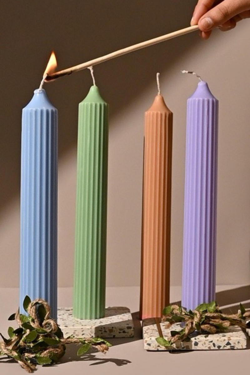 Ribbed Tall Candles | Unscented Soy wax | Available in assorted Colors | Set of 2