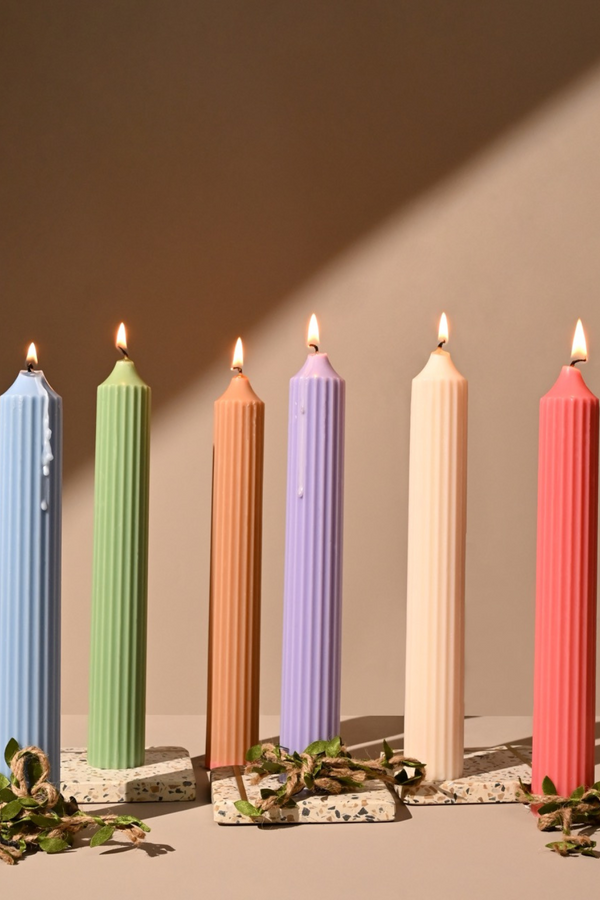 Ribbed Tall Candles | Unscented Soy wax | Available in assorted Colors | Set of 2