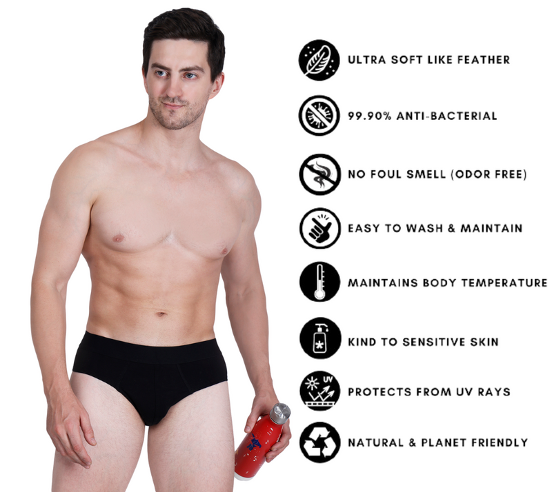 Bamboo Fabric Men's Underwear | Pack Of 2 |  Super Comfortable,Ultrasoft, Anti Bacterial Briefs, Moisture Wicking | Black