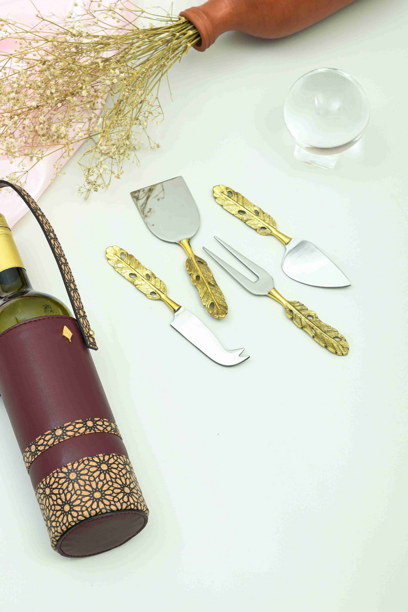 Wine and Cheese Hamper | Vegan leather wine holder with Brass Cheese knives