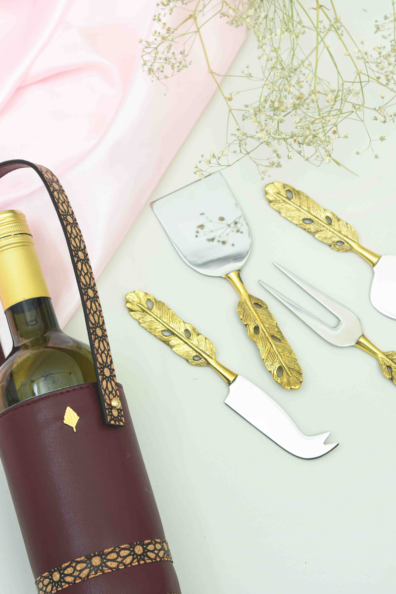 Wine and Cheese Hamper | Vegan leather wine holder with Brass Cheese knives