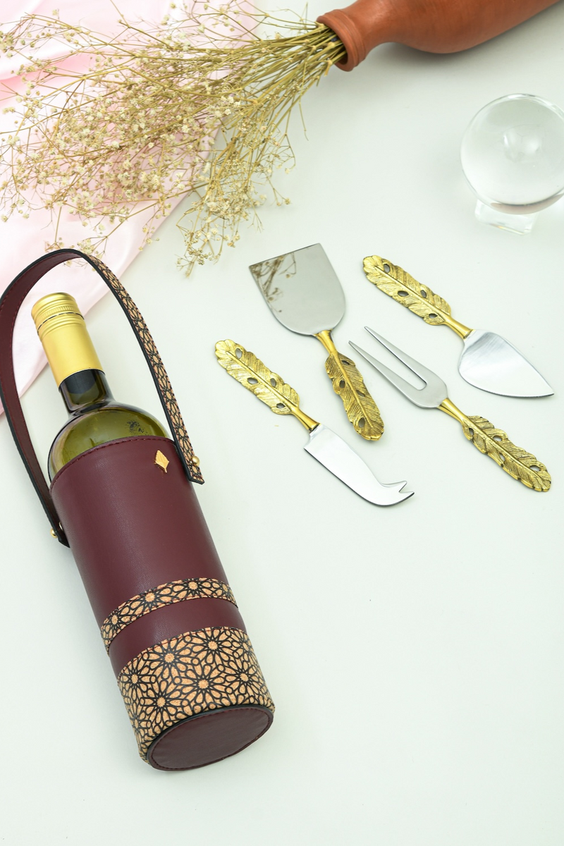 Wine and Cheese Hamper | Vegan leather wine holder with Brass Cheese knives