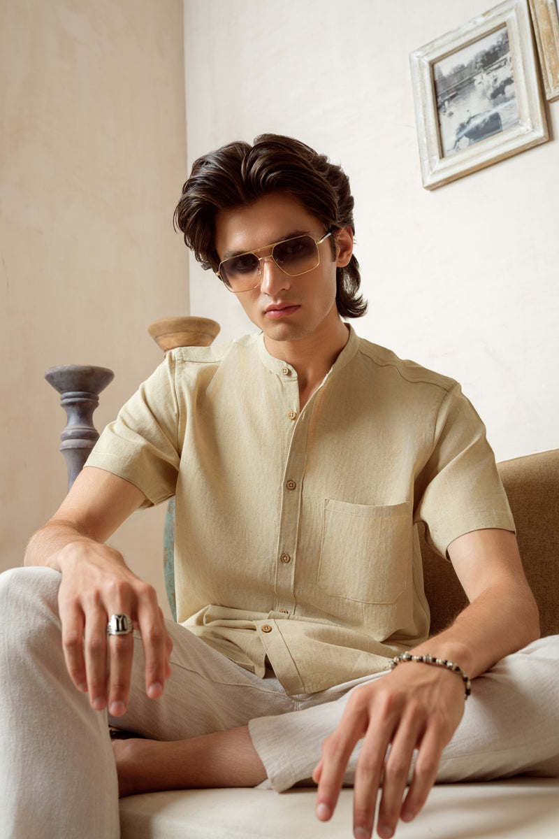 Vasudhaa Vastrram Vihay - Men's Organic Linen and Bamboo Ivory Cream Half Sleeve Shirt