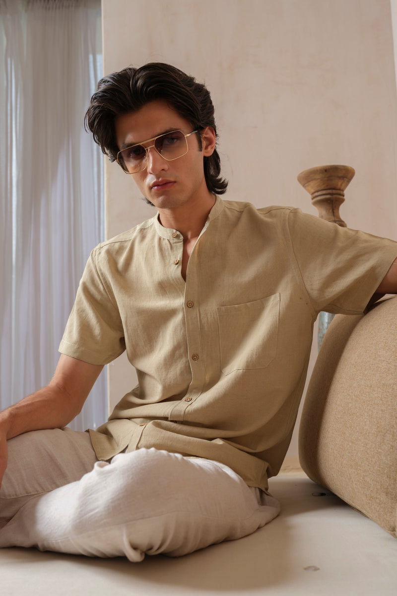 Vasudhaa Vastrram Vihay - Men's Organic Linen and Bamboo Ivory Cream Half Sleeve Shirt