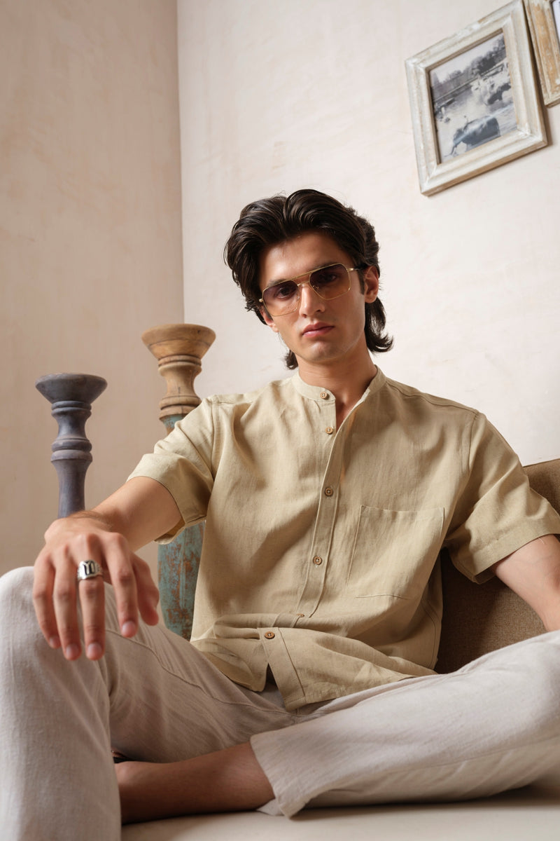 Vasudhaa Vastrram Vihay - Men's Organic Linen and Bamboo Ivory Cream Half Sleeve Shirt