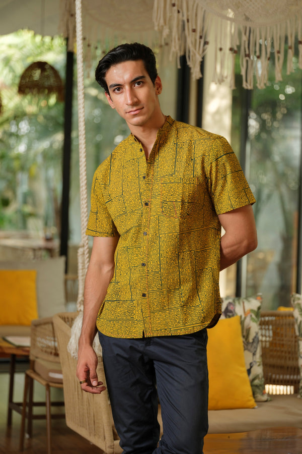 Vasudhaa Vastrram Vriksha - Men's Organic Linen and Bamboo Mustard Yellow Half Sleeve Shirt