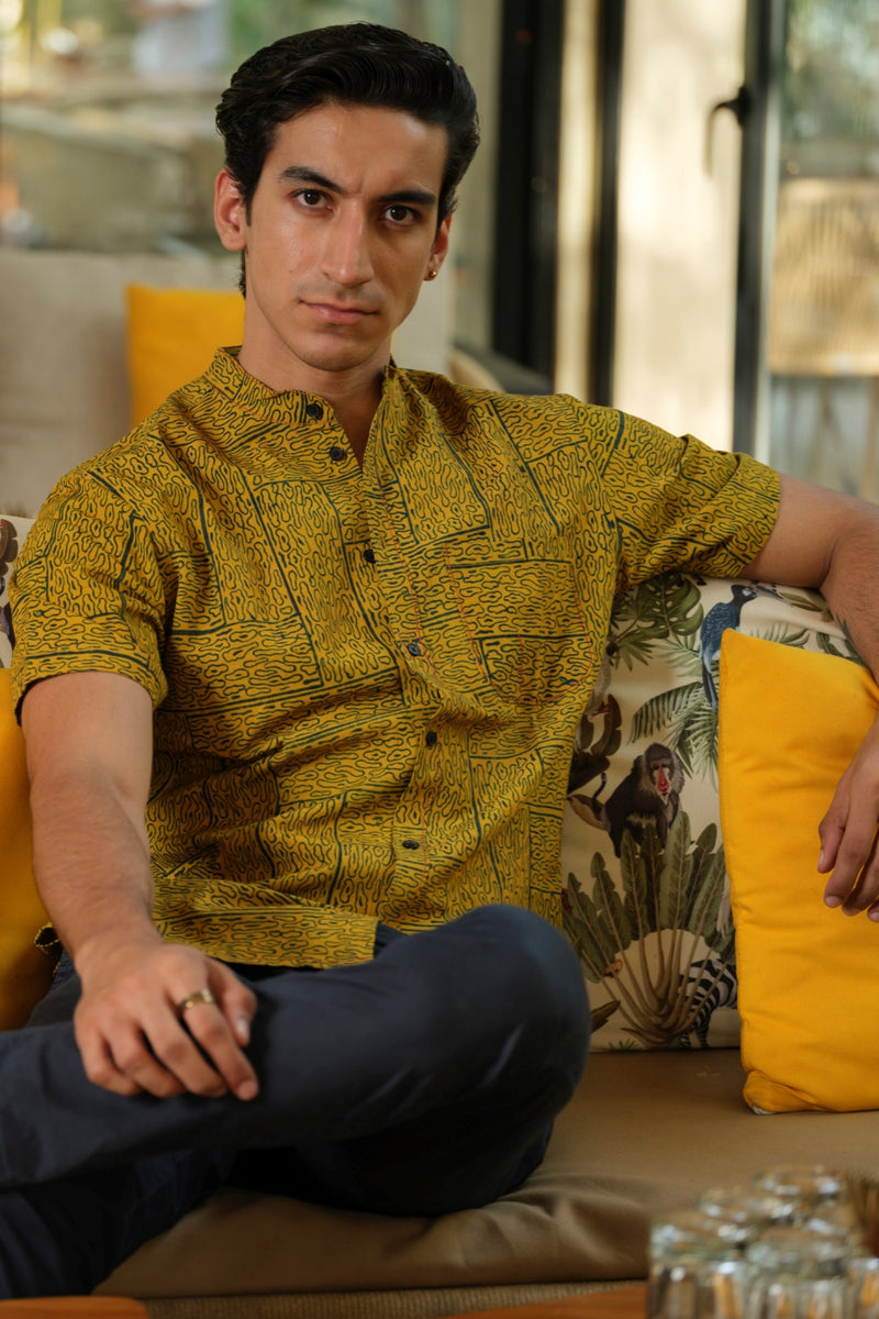 Vasudhaa Vastrram Vriksha - Men's Organic Linen and Bamboo Mustard Yellow Half Sleeve Shirt