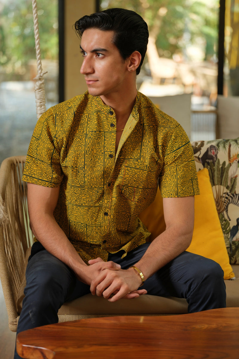 Vasudhaa Vastrram Vriksha - Men's Organic Linen and Bamboo Mustard Yellow Half Sleeve Shirt