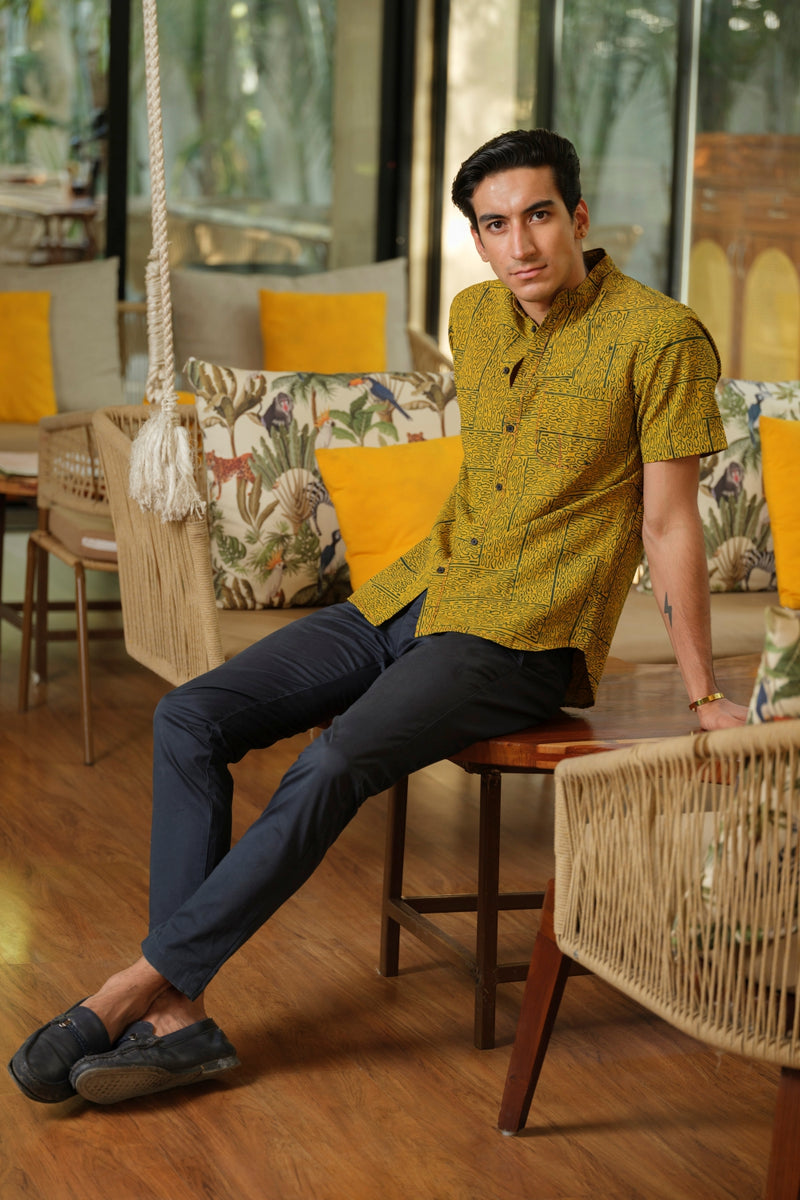 Vasudhaa Vastrram Vriksha - Men's Organic Linen and Bamboo Mustard Yellow Half Sleeve Shirt