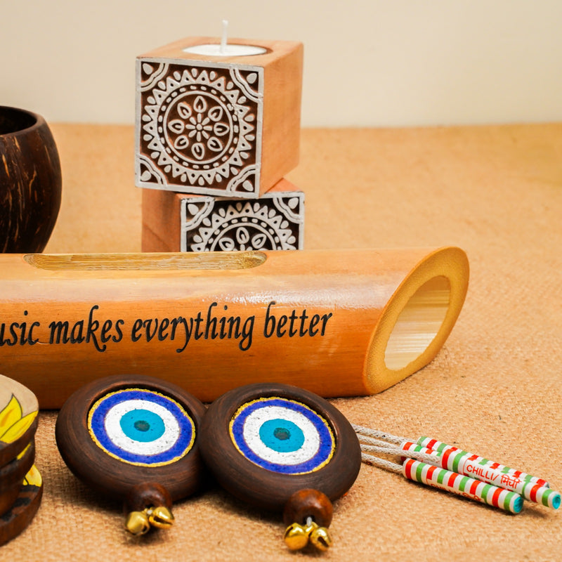 Go Green Diwali Gift Hamper | Mandala Tea light Holders | Evil Eye Door Hanging Set | Plantable Crackers Pack | Sunflower Coaster Pack | Coconut Bowl | Bamboo Sound Amplifier | Handcrafted in Banaras