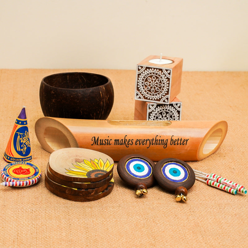 Go Green Diwali Gift Hamper | Mandala Tea light Holders | Evil Eye Door Hanging Set | Plantable Crackers Pack | Sunflower Coaster Pack | Coconut Bowl | Bamboo Sound Amplifier | Handcrafted in Banaras