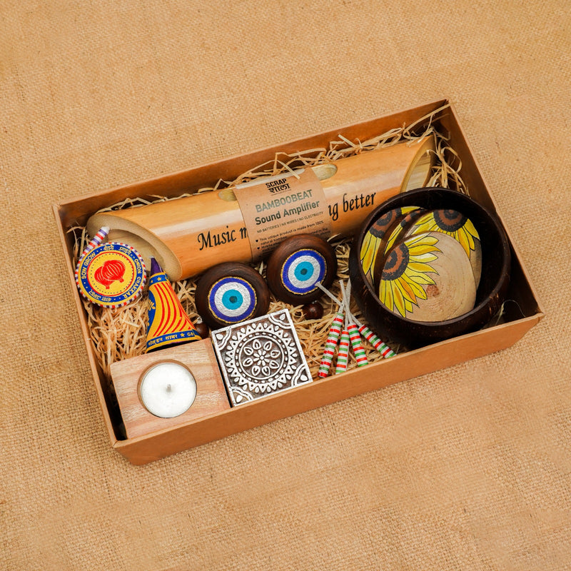 Go Green Diwali Gift Hamper | Mandala Tea light Holders | Evil Eye Door Hanging Set | Plantable Crackers Pack | Sunflower Coaster Pack | Coconut Bowl | Bamboo Sound Amplifier | Handcrafted in Banaras