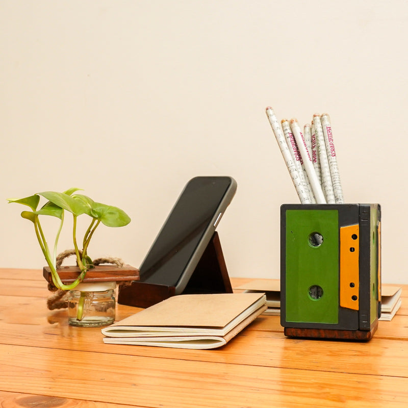 Green My Desk Gift Hamper | Upcycled Penstand | Pack of 4 notepads | Hanging indoor planter | Office mobile holder| Sustainably handcrafted