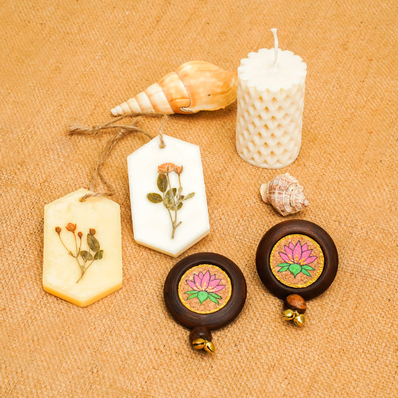 Aura Diwali Gift Hamper | Soy Wax Candle | Soy Wax Incense Tablets | Pichwai Door Hanging Set | Handcrafted in Banaras