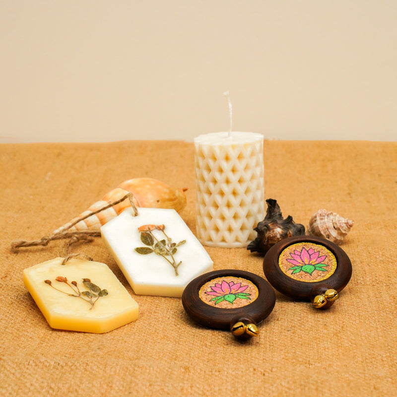 Aura Diwali Gift Hamper | Soy Wax Candle | Soy Wax Incense Tablets | Pichwai Door Hanging Set | Handcrafted in Banaras