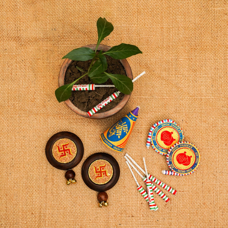 Corporate Diwali Gift Hamper | Swastik Door Hanging Set | Plantable Crackers Pack | Wooden Planter | Handcrafted in Banaras