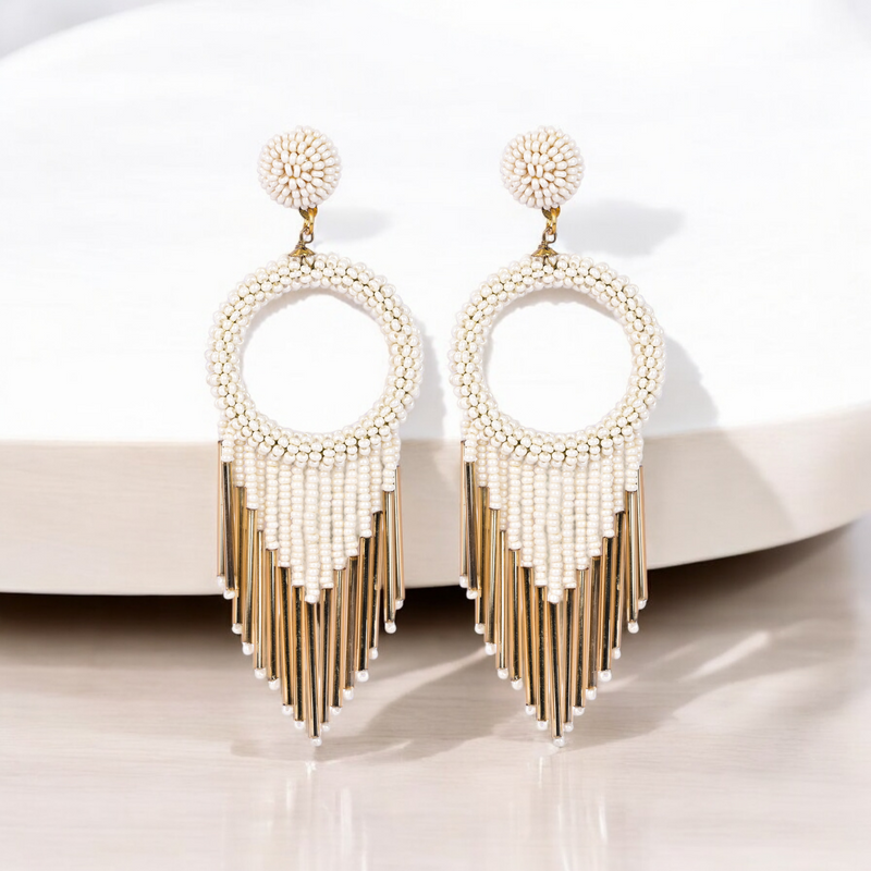 White Beaded Hoop Earrings with Gold Fringe – Elegant Statement Jewellery