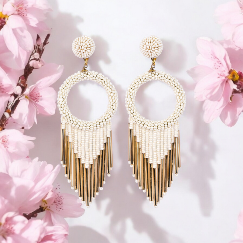 White Beaded Hoop Earrings with Gold Fringe – Elegant Statement Jewellery