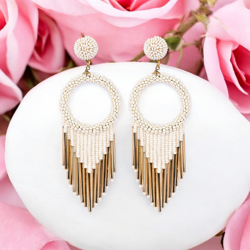 White Beaded Hoop Earrings with Gold Fringe – Elegant Statement Jewellery