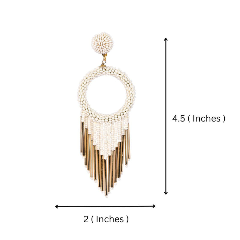 White Beaded Hoop Earrings with Gold Fringe – Elegant Statement Jewellery