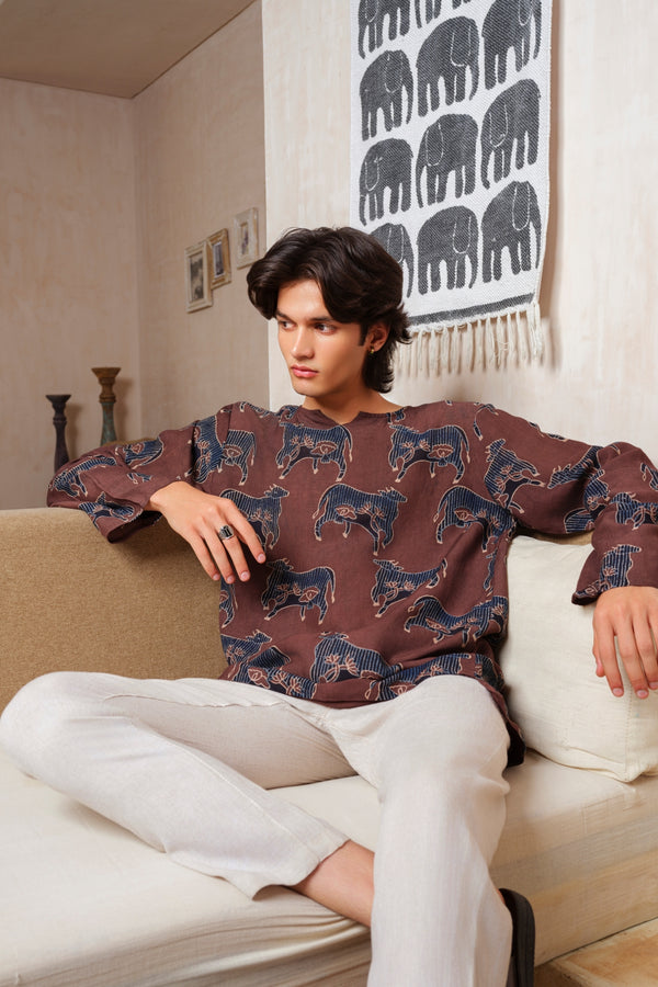 Vasudhaa Vastrram Yog - Men's Organic Cow Block Printed Lyocell and Linen Brown Full Sleeve Kurta