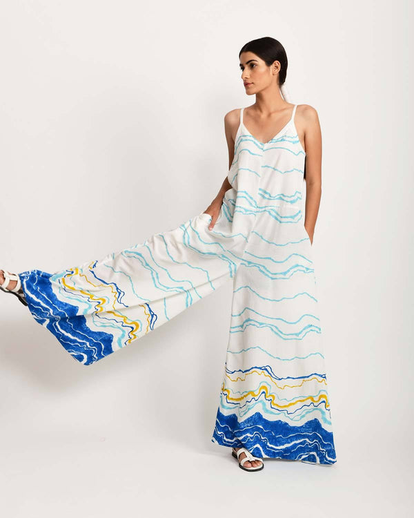 Rias Jaipur  Blue Ocean Strappy Jumpsuit in Handloom Cotton and Bamboo Blend