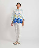 Rias Jaipur  Blue Ocean Pleated Top in Handloom Cotton and Bamboo Blend