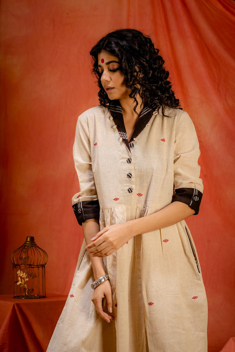 Saanjh- Shawl collar Dress | Kotpad Handloom Dress | Prathaa