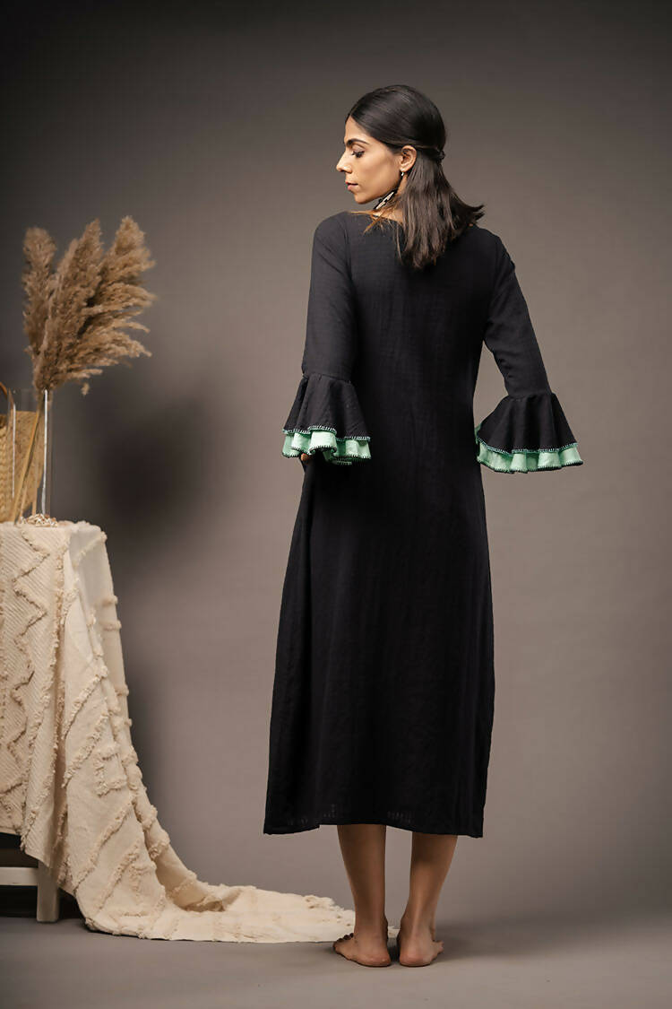 Taraasi Women's Black Handwoven Cotton Mid Calf Length Dress