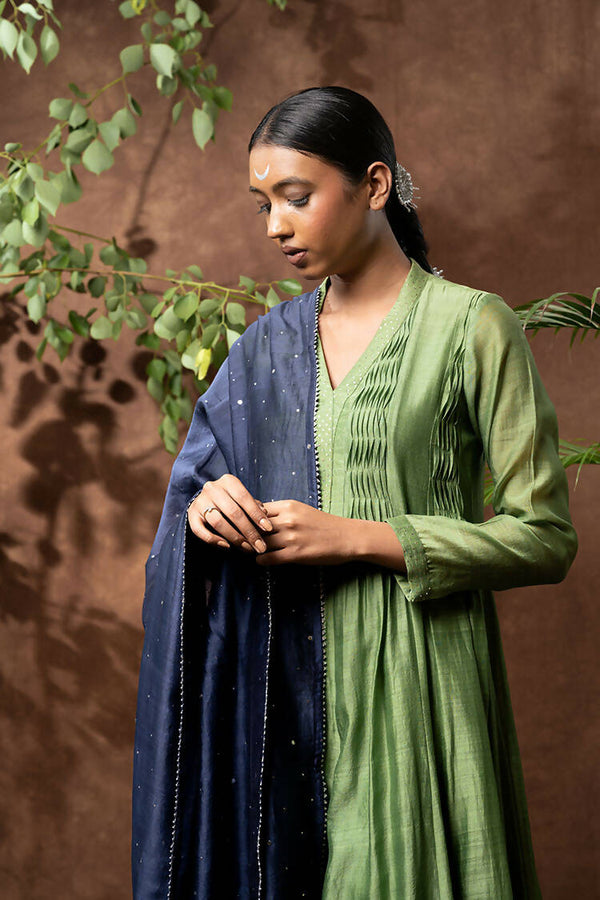 Taraasi Women's Parrot Green And Navy Blue Handloom Chanderi Silk Twisted Pintucks And Hand Embroidered Mukaish/Badla Work Kurta (Set Of 2)