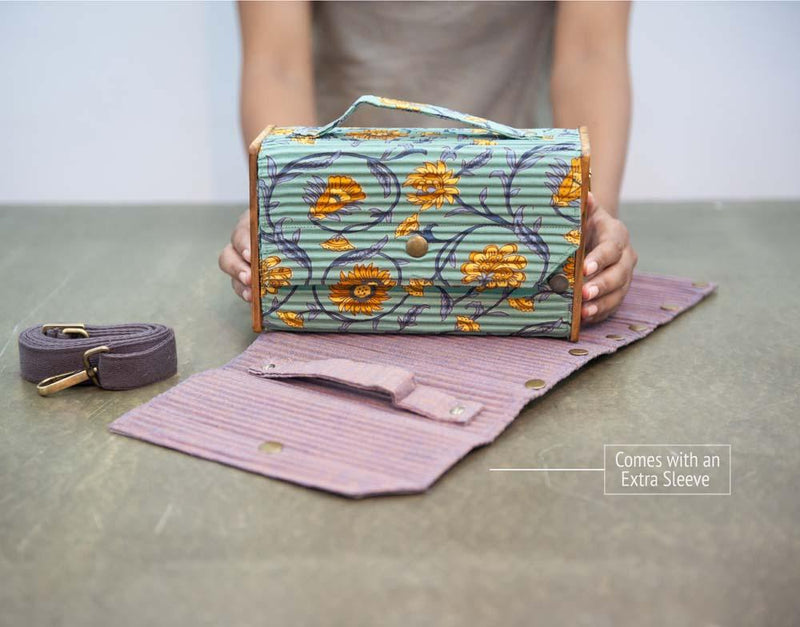 Lukka Chuppi  Combo of Box Sling Bag in Upcycled Cotton and Reclaimed Wood -  Floral Creeper Green & Solid Mauve