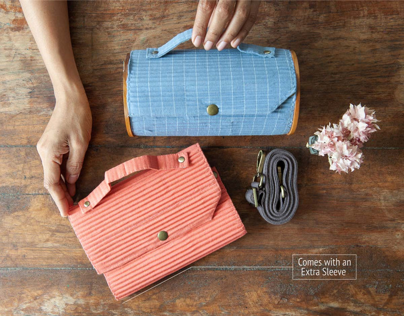 Lukka Chuppi  Combo of Round Sling Bag in Organic Cotton and Reclaimed Wood - Solid Coral & Sky Blue Lines
