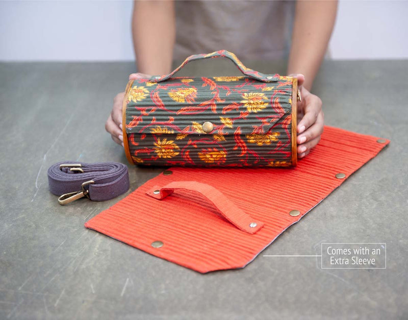 Lukka Chuppi  Combo of Round Sling Bag in Organic Cotton and Reclaimed  wood - Floral Creeper Black & Solid Rust