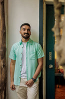 Earthy Route Lyocell Linen Half Shirt in Mint Green