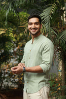 Earthy Route Lyocell Linen Mandarin Shirt in Military Green