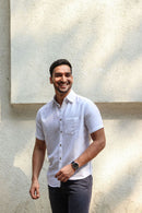 Earthy Route Lyocell Linen Half Shirt in Snow White