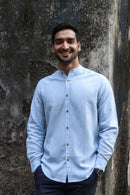 Earthy Route Lyocell Linen Mandarin Shirt in Ice Blue