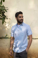 Earthy Route Lyocell Linen Half Shirt in Ice Blue