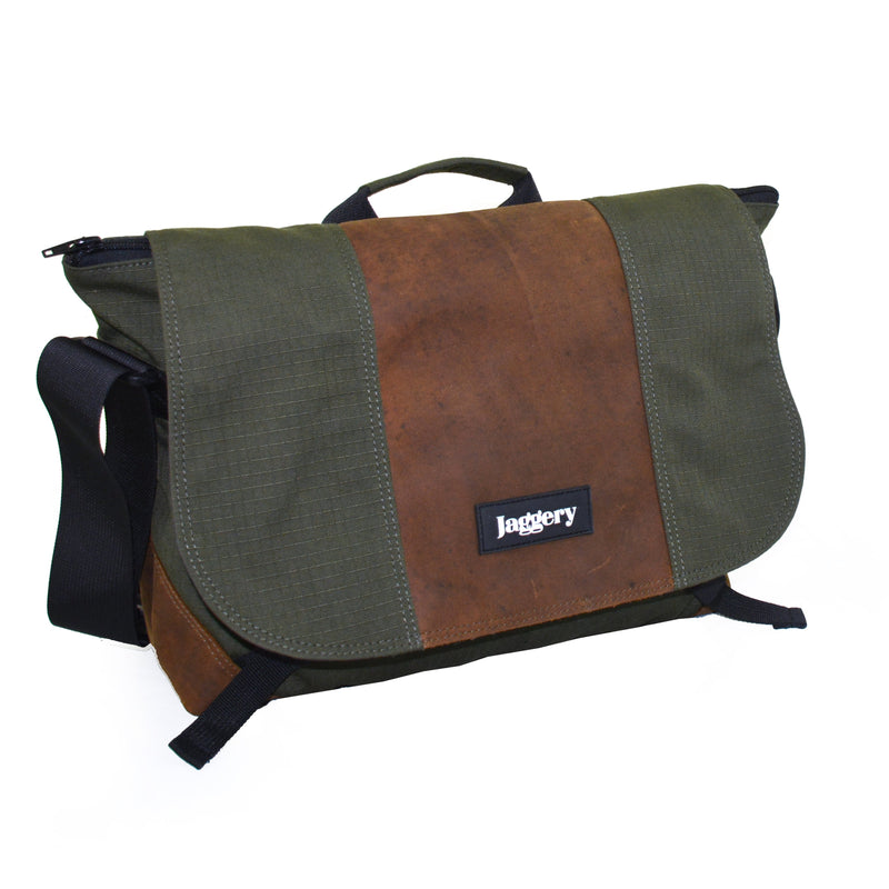 Jaggery Outback and Beyond Doer's Messenger Bag in Rescued Army Olive Green Canvas & Salvaged Nubuck  [15" Laptop Bag]