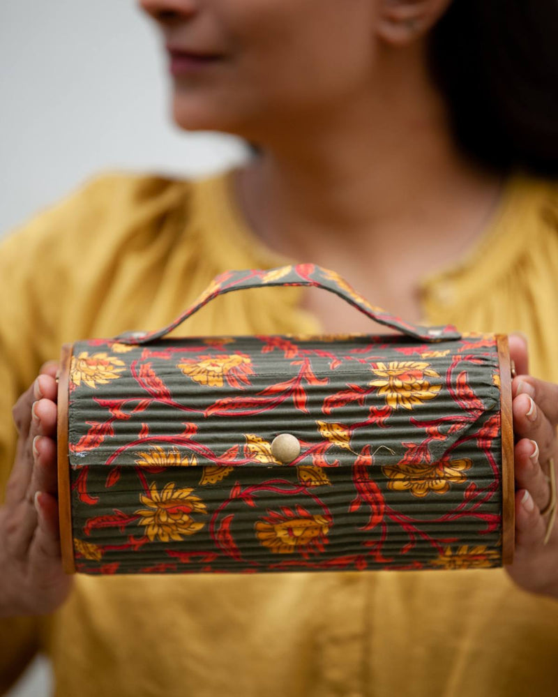 Lukka Chuppi  Combo of Round Sling Bag in Organic Cotton and Reclaimed  wood - Floral Creeper Black & Solid Rust