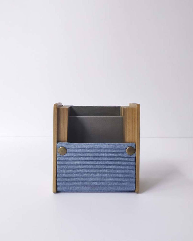 Lukka Chuppi  Wooden Pen Stand  in Upcycled Fabric and Reclaimed Wood - Solid Blue & Geometric Green